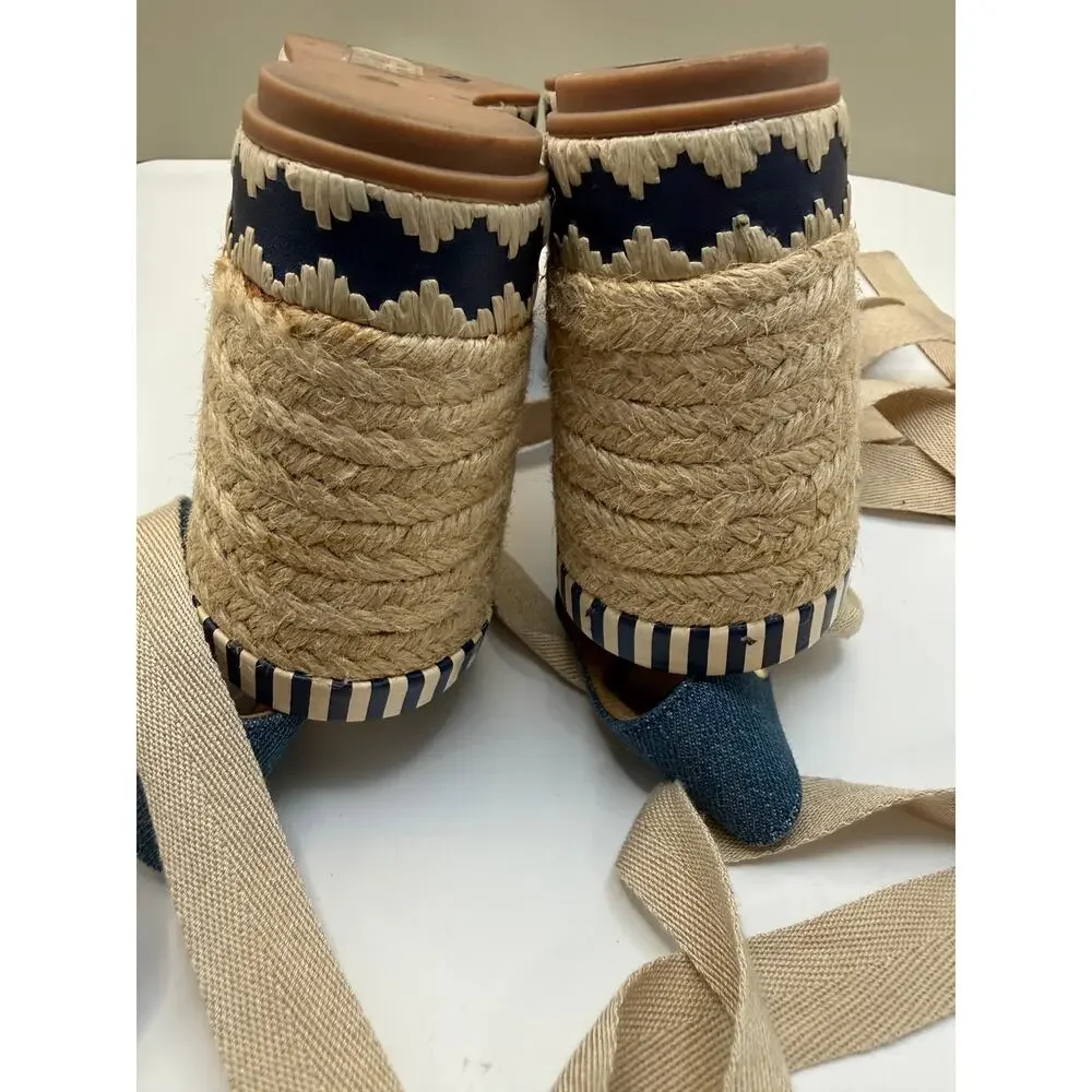 TORY BURCH DANDY Espadrille Platform SZ 6.5M Blue Jean Ankle Wrap Sandals - Picture 4 of 13